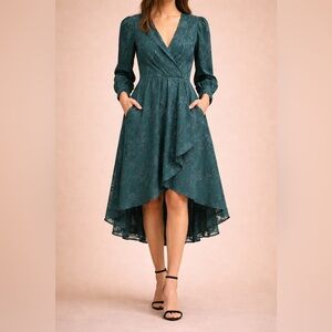 NWOT Eliza J Lace High-Low sparkly emerald Dress with pockets size 14 or large